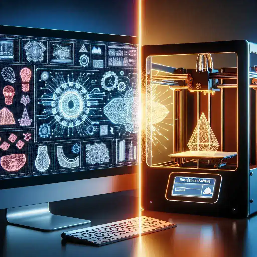 "Imagem ilustrativa de um software de simulação em ação, mostrando o teste de projetos gráficos antes da impressão, destacando a interface do usuário e funcionalidades tecnológicas."