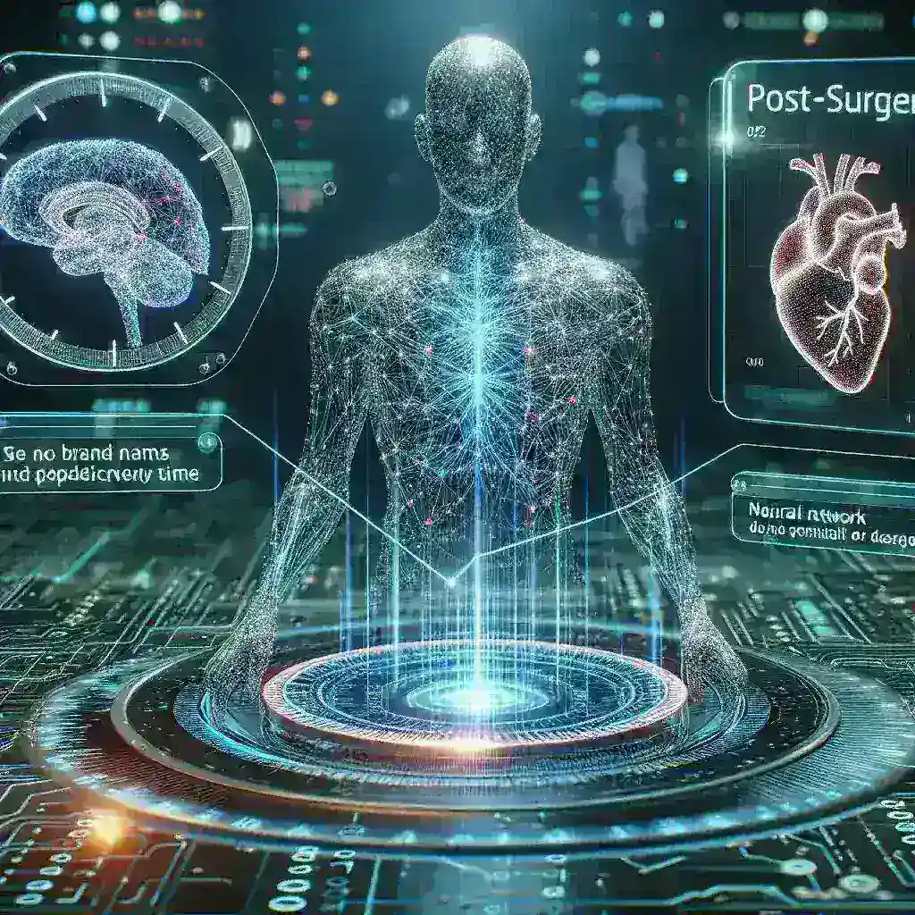 "Imagem de um sistema de inteligência artificial analisando dados médicos para prever o tempo de recuperação pós-cirúrgica, ilustrando inovações na medicina e tecnologia."