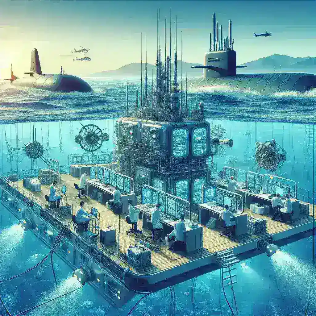 "Pesquisadores realizando testes de tecnologia 6G em ambientes submarinos, com equipamentos sofisticados e cabos subaquáticos em uma cena ilustrativa que destaca a inovação e a pesquisa científica subaquática."